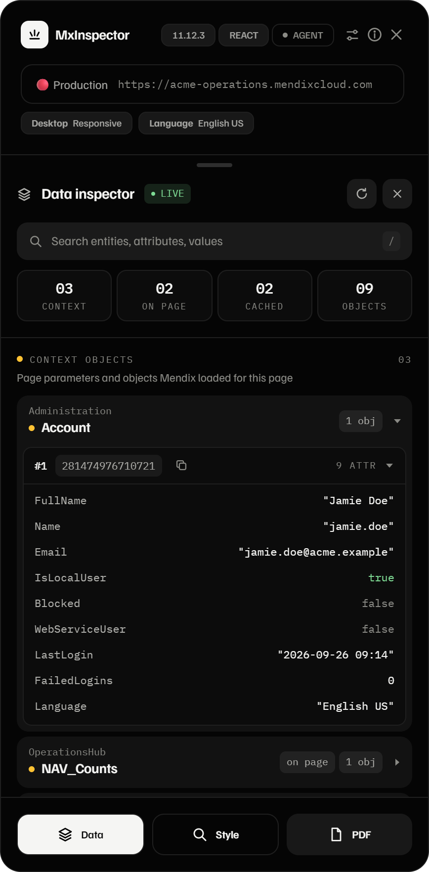 MxInspector Data inspector in dark mode, with an Account object expanded