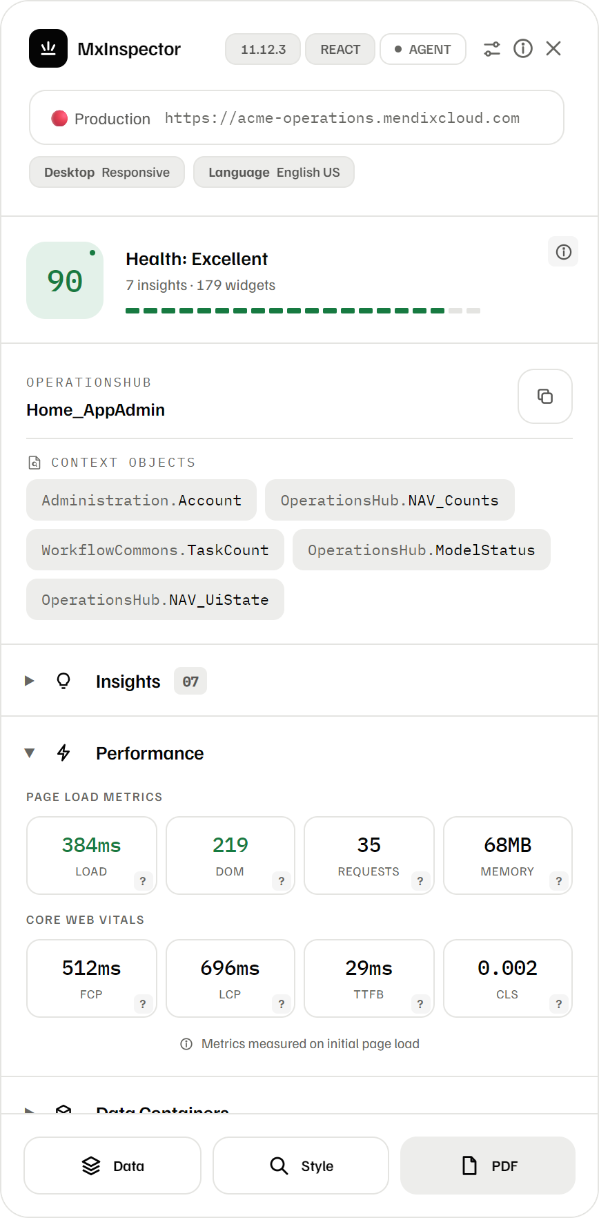 MxInspector overview panel: health score, context objects and performance metrics